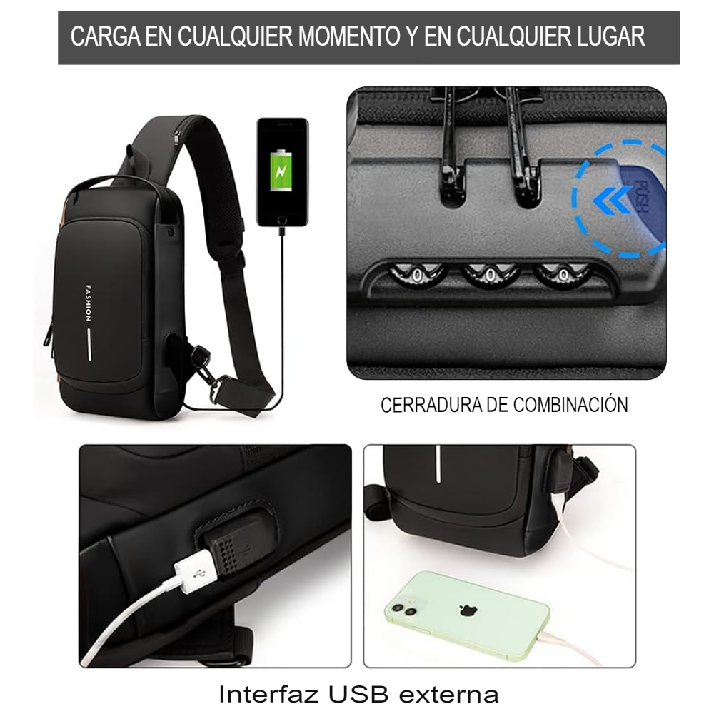 Morral Antirrobo Maleta Impermeable Bolso Cruzado Puerto Usb